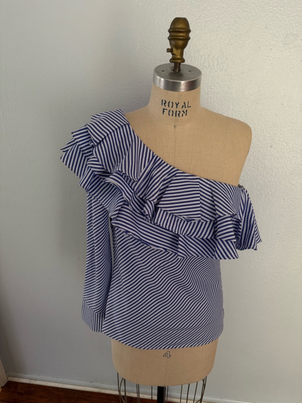 One-Shoulder Ruffle Stripe Blouse - Blue/White